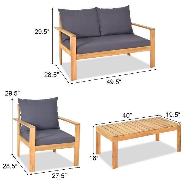 Tangkula 4 Pcs Outdoor Acacia Wood Conversation Sofa Table Furniture Set W Grey Cushions