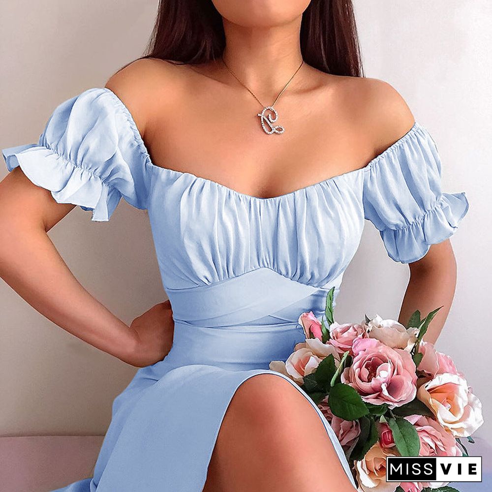 Dressy Frill Ruched Layered Ruffle Off Shoulder Tie Back Romper Dress