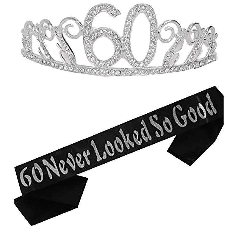 60th Birthday Sash and Tiara for Women - Fabulous Glitter Sash + Waves Rhinestone Silver Premium Metal Tiara for Her