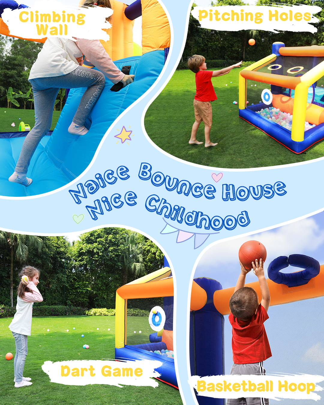 Inflatable Bounce House for Kids 3-12 177" x 119" x 71" Double Slide Climbing Wall and Ball Pit Jumping Castle