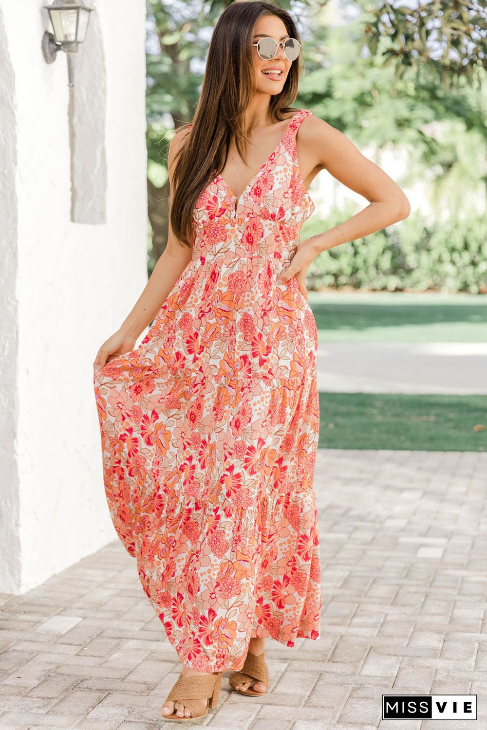 Floral Print V Neck Sleeveless Empire Waist Dress