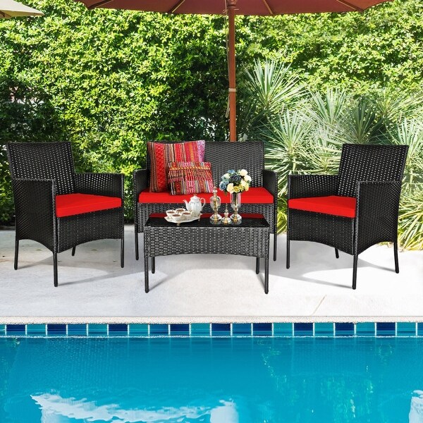 4 Pcs Patio Rattan Cushioned Sofa Furniture Set with Tempered Glass Coffee Table - 24