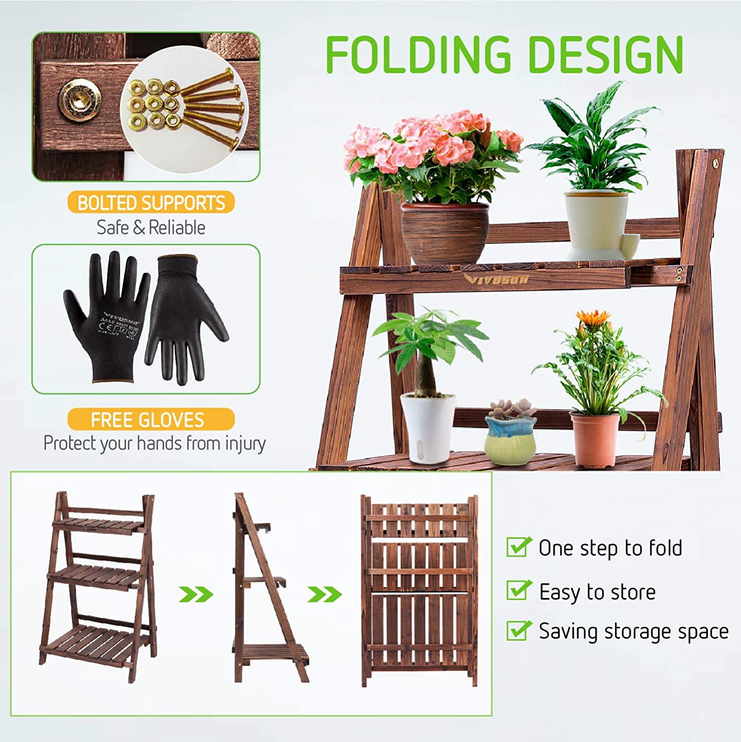 VIVOSUN 3 Tier Foldable Plant Stand Plant Shelf Flower Pot Organizer Storage Rack Display Shelving Plants Shelf Holder for Patio Garden Balcony Indoor Outdoor