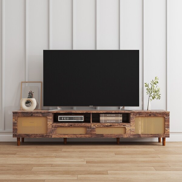 Farmhouse Rattan TV Stand Wood Media Entertainment Center Console Table with 2 Doors and 2 Open Shelves