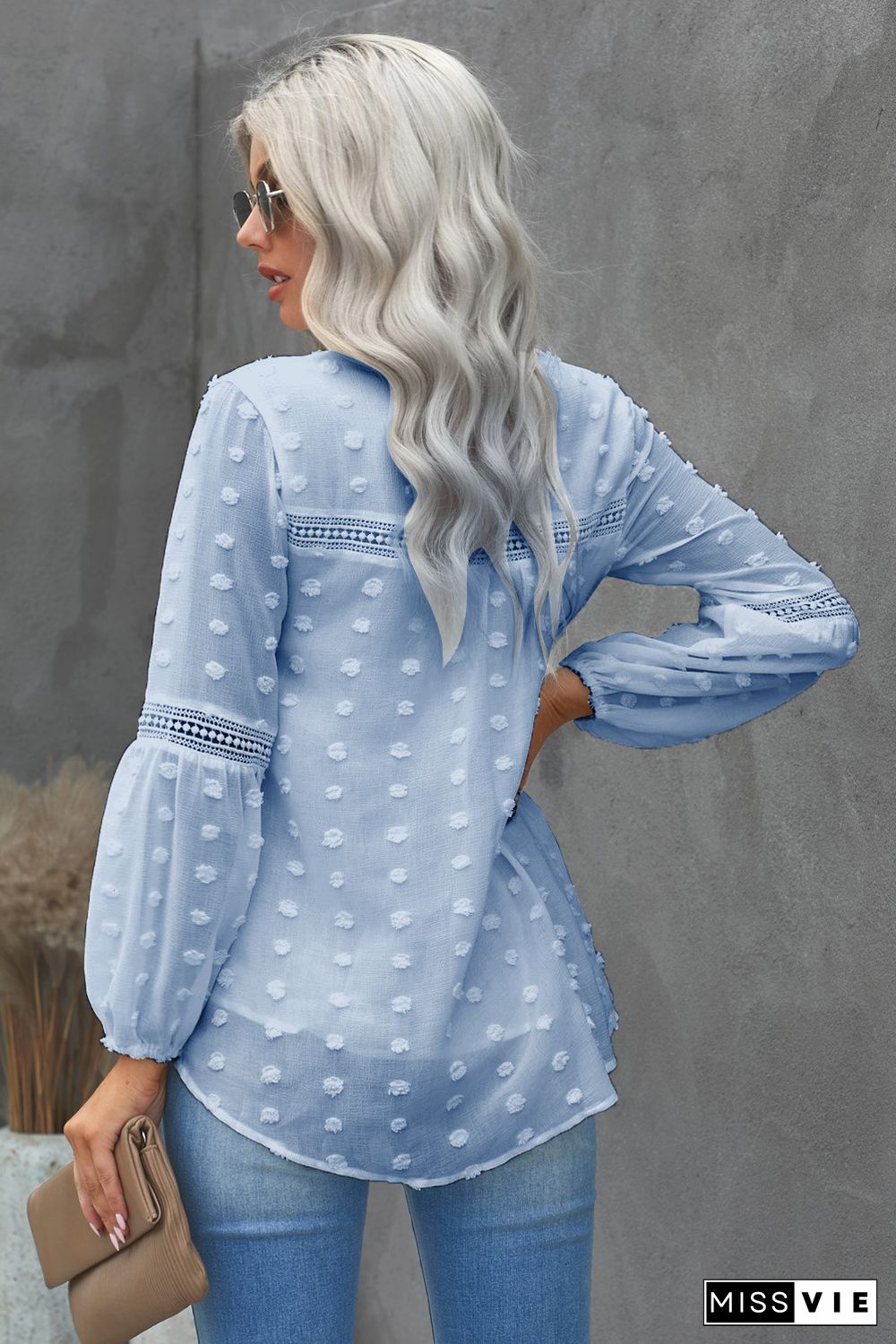 Blue Ruffled Split Neck Lace Hollow Out Puff Sleeve Polka Dot Blouse