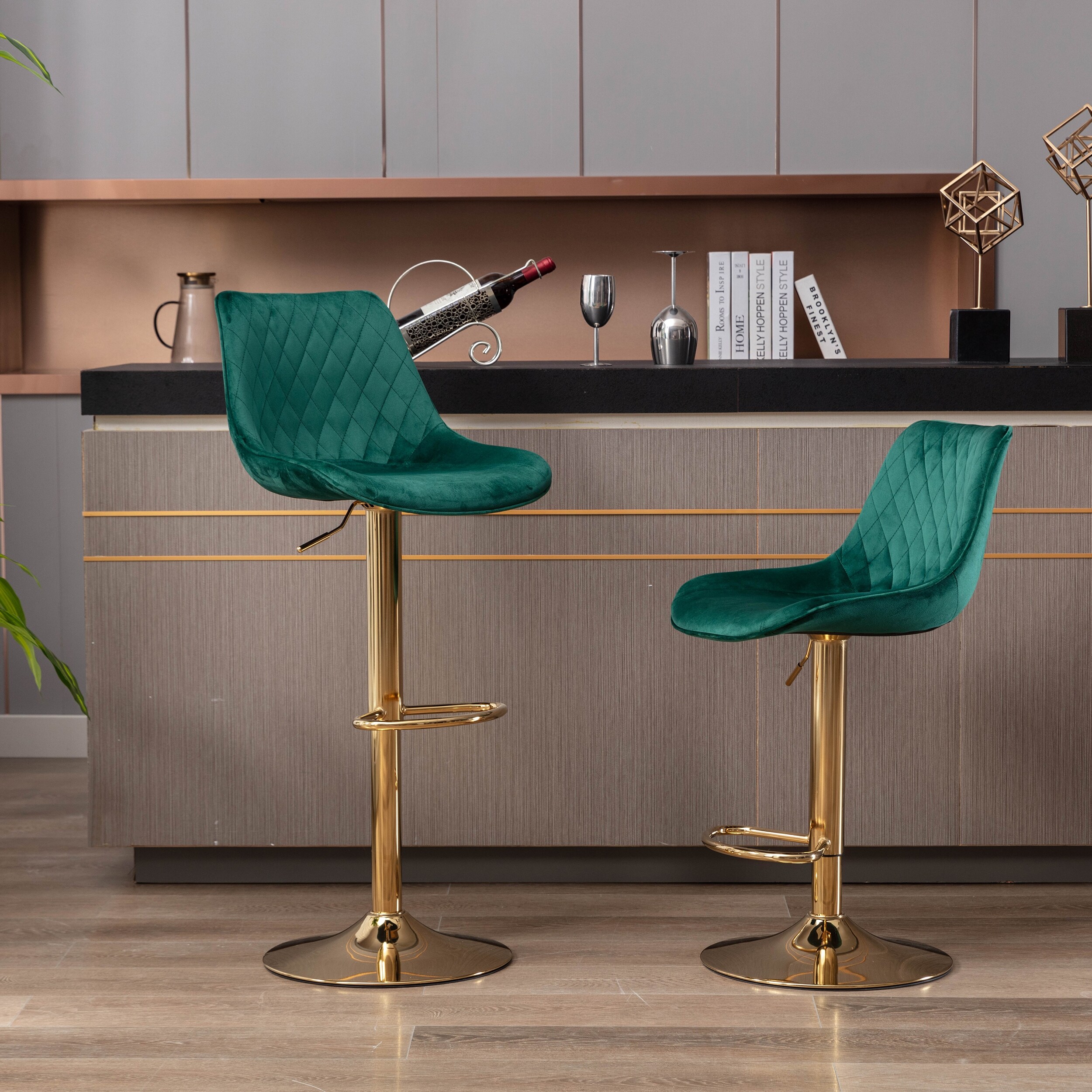 Modern Bar Stools Set of 2 with Chrome Footrest and Base Swivel Height Adjustable Mechanical Lifting Velvet， Golden Leg Bar Stool