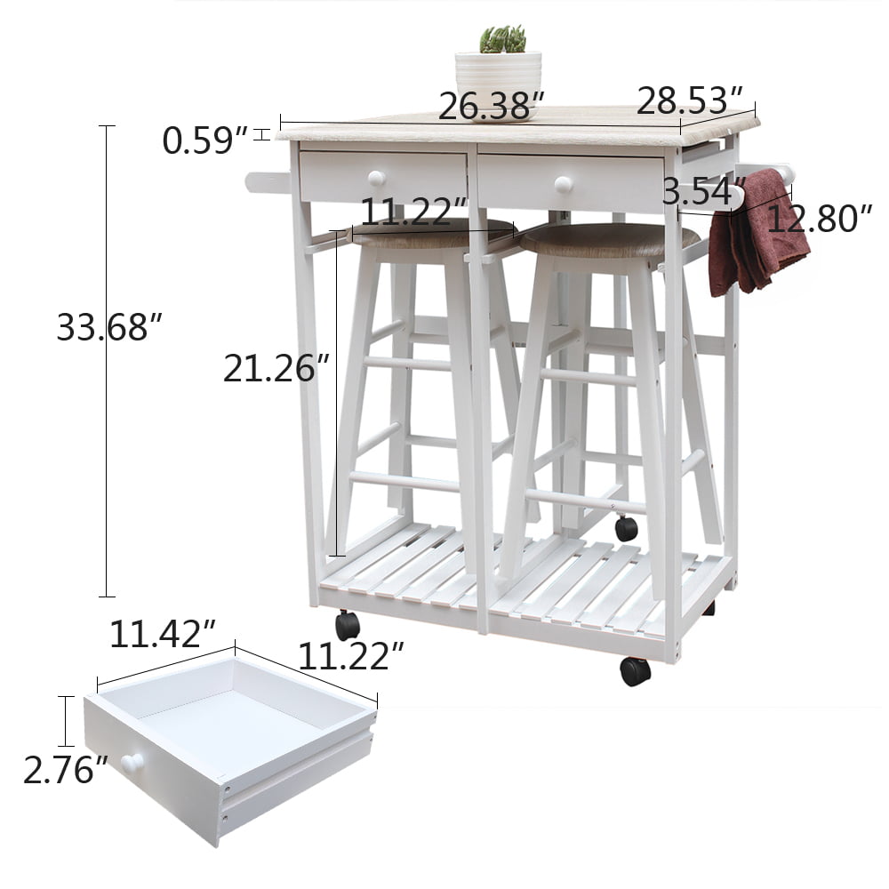 UBesGoo Wood Double Drawer Rolling Kitchen Cabinet Storage Cart 2 Stools