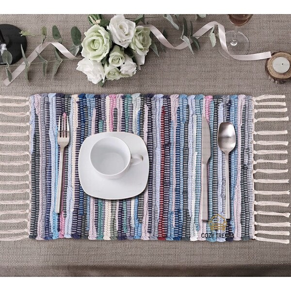 100% Cotton Woven Placemats for Dining Room Rectangle 14''x20'' with Fringes | Set of 6 | Washable