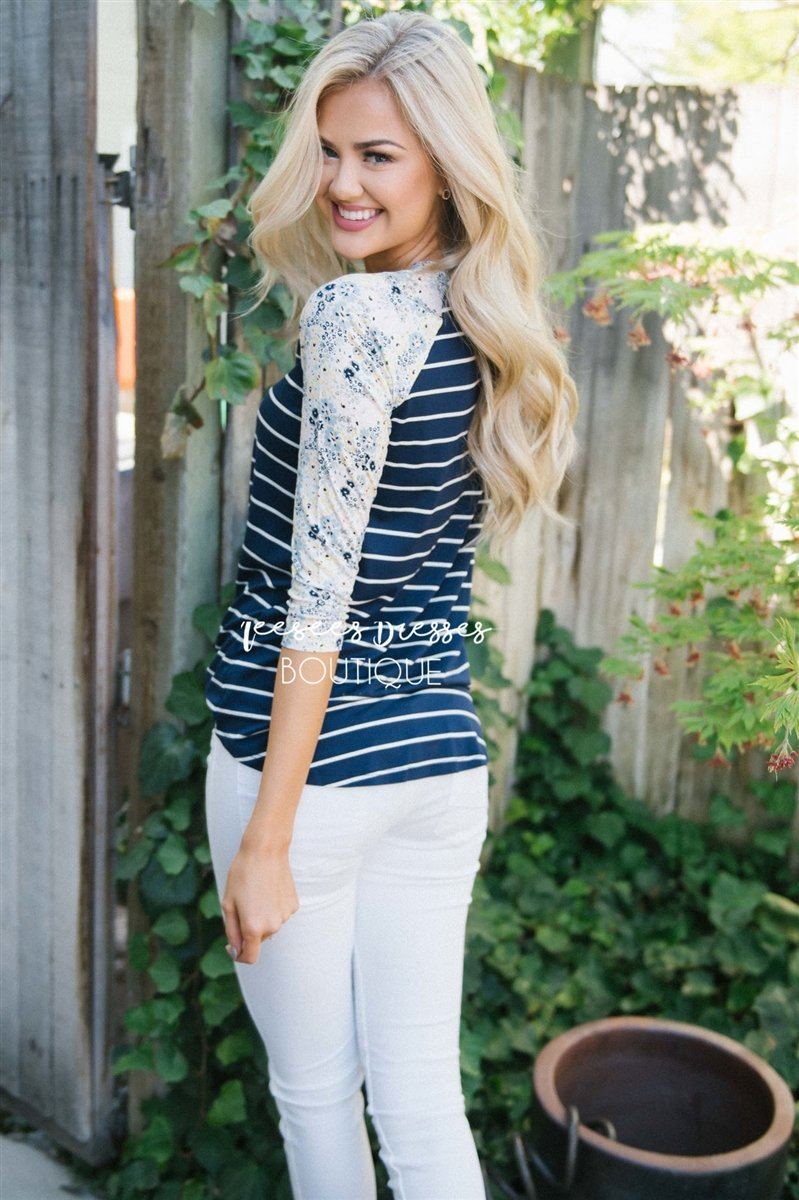 Navy Striped Floral Baseball Sleeve Tee