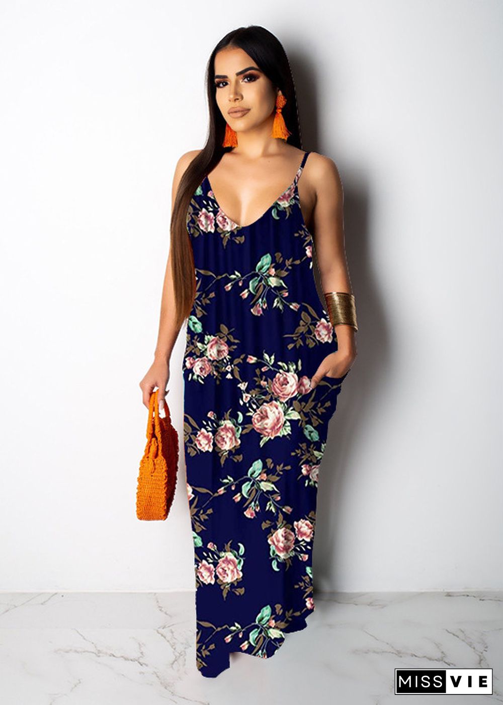 Hot Style Women's Summer Boho Floral Print Sleeveless V Neck Loose Long Maxi Party Beach Dress