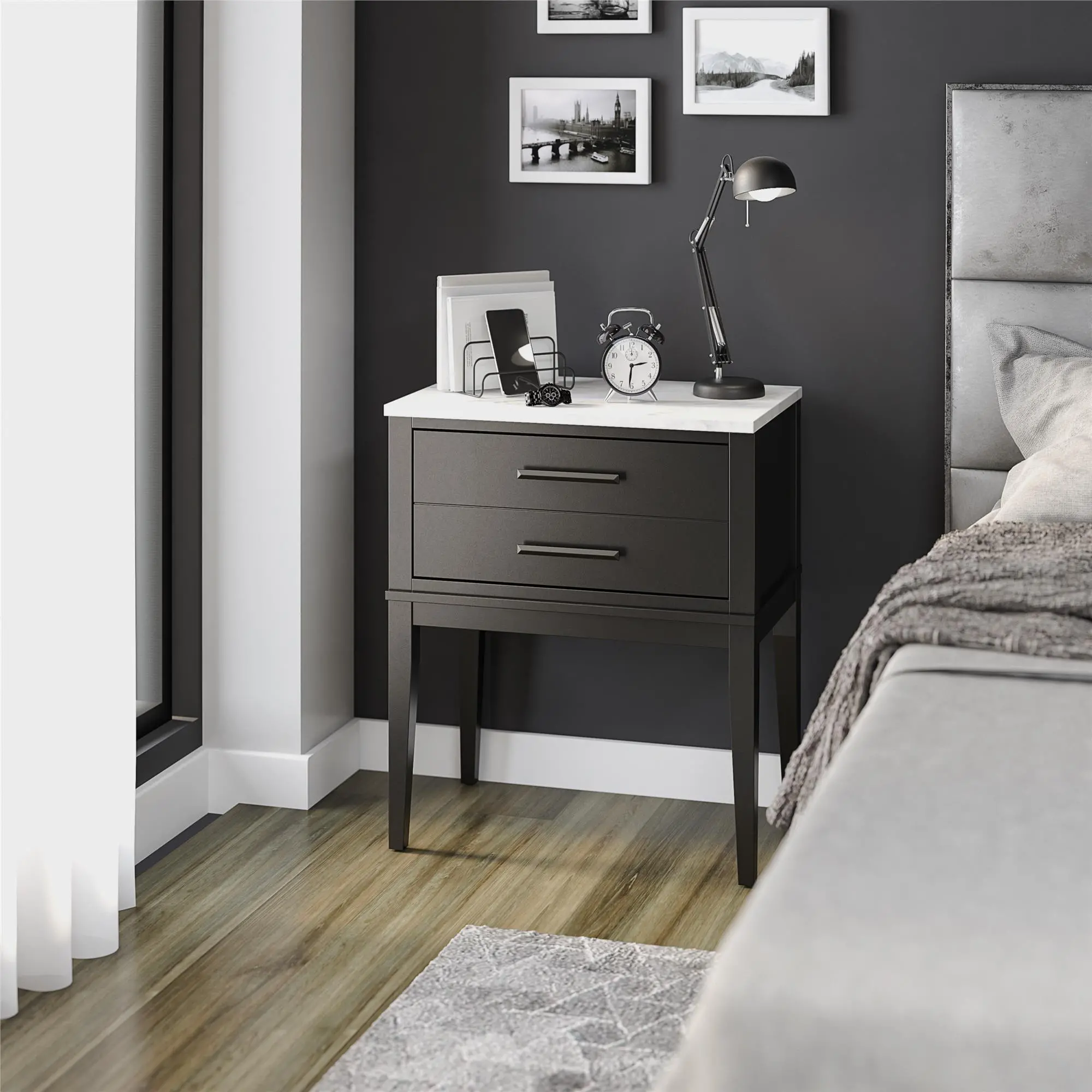 Lynnhaven Black Nightstand with White Marble Top