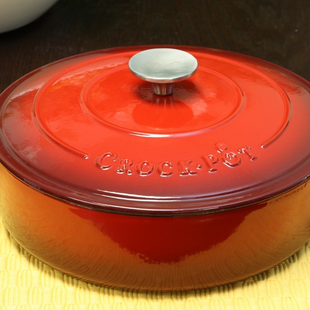 Crock Pot Artisan Enameled 3 5 Quart Cast Iron Deep Saut Pan With Self Basting Lid In Scarlet Red