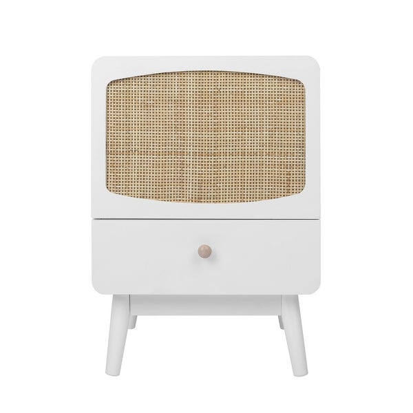 White Nightstand， Bedside Table with Storage Drawe Rattan Door