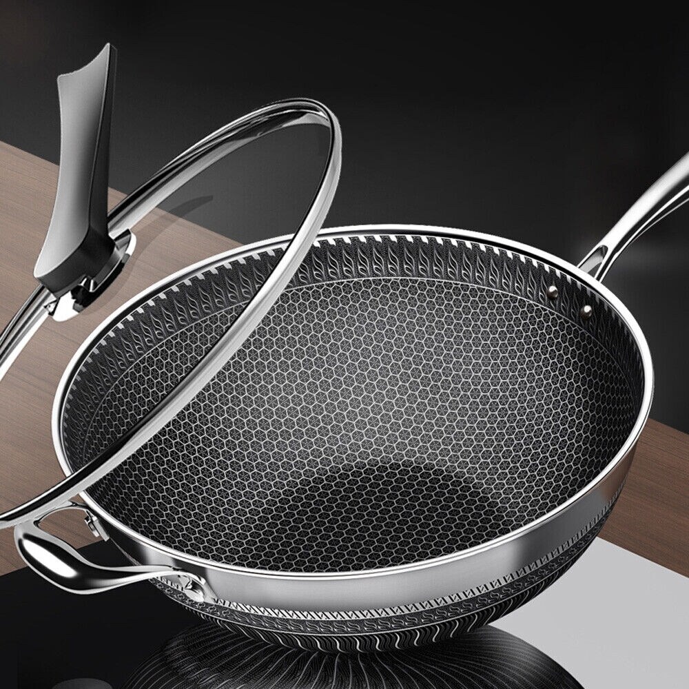 13.4 Inch Stainless Steel Wok Honeycomb Frying Pan With Glass Lid