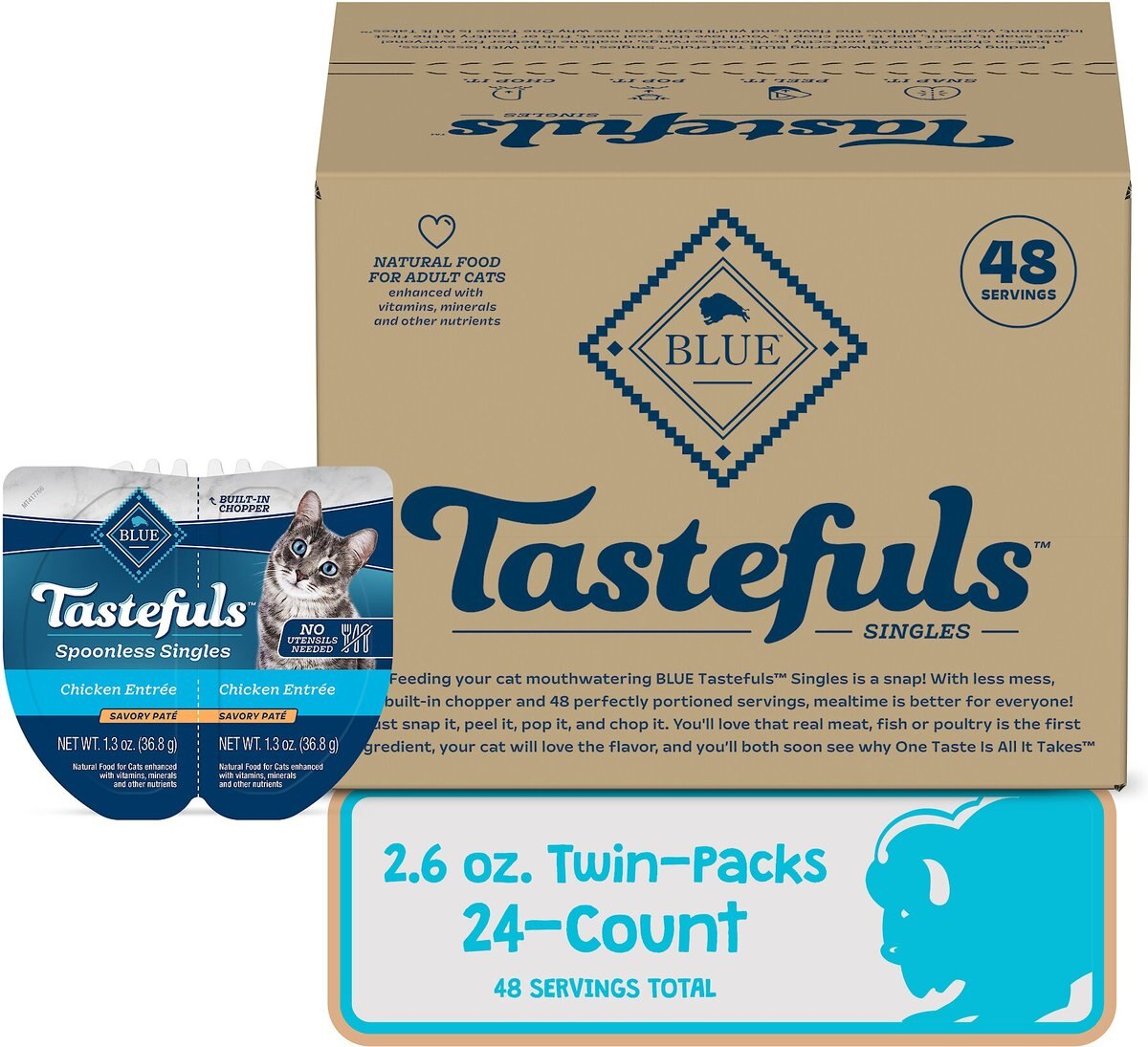 Blue Buffalo Tastefuls Spoonless Singles Chicken Entrée Pate Adult Cat Food， 2.6-oz cup， case of 24