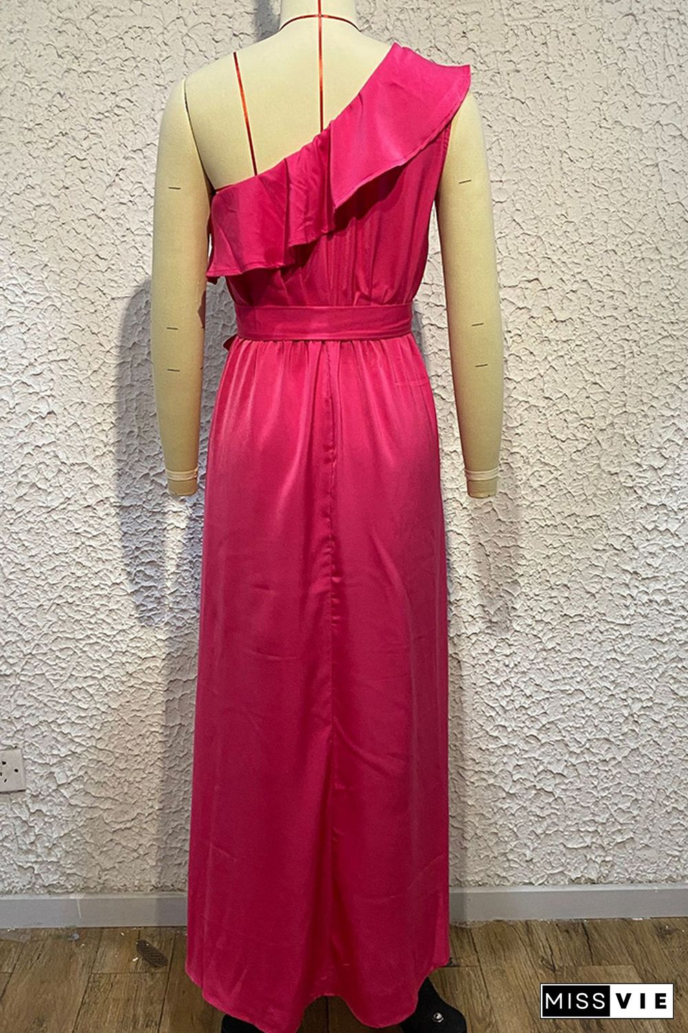 Rose One Shoulder Ruffles Maxi Dress Wish Sash