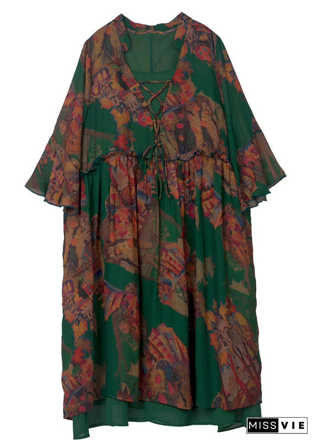 Chic Green Print Ruffled Cross Strap Chiffon Dress Flare Sleeve