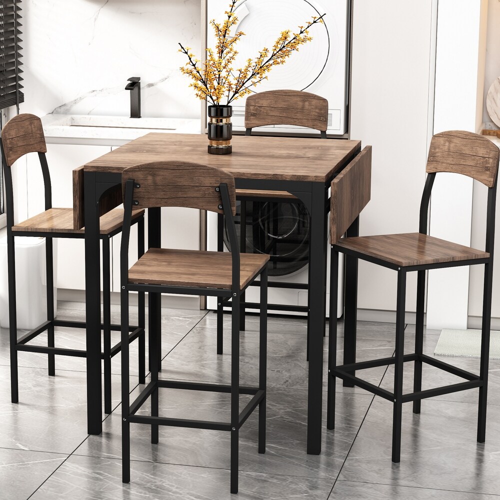 Rustic Farmhouse 5 Piece Counter Height Drop Leaf Dining Table Set with 4 Dining Chairs  Metal Frame Wood Top Dining Set