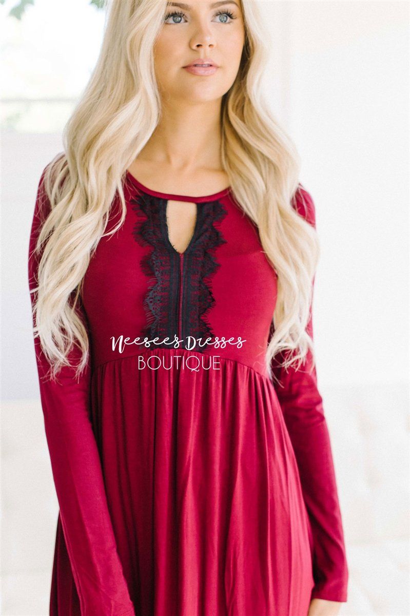 Eyelash Lace Detail Deep Wine Dress