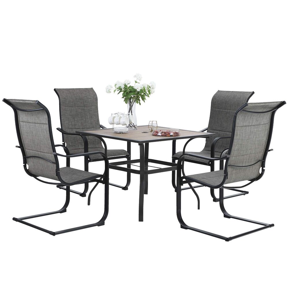 Patio Dining Set   4/6 Textilene Chairs and 1 Wood like Table with Umbrella Hole