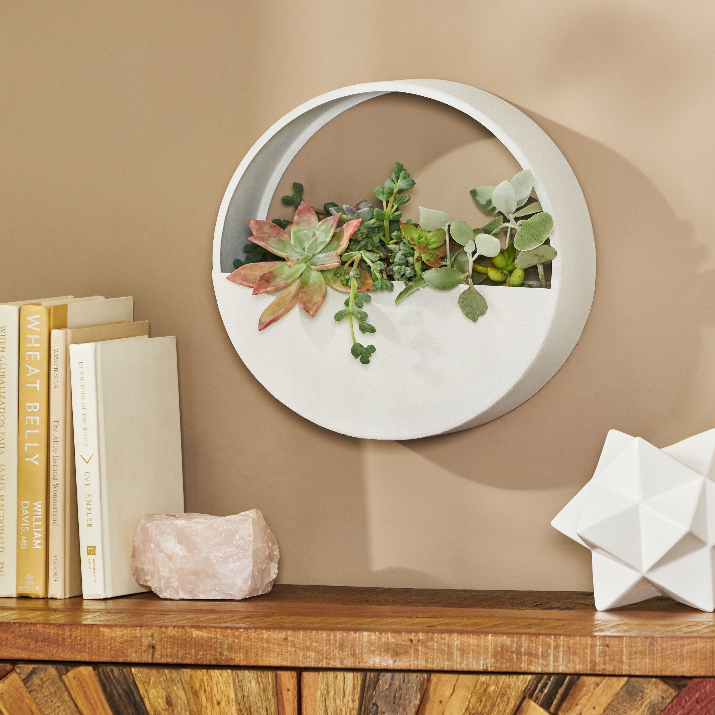 Beall Ware Modern Handcrafted Round Wall Planter, Sandy White