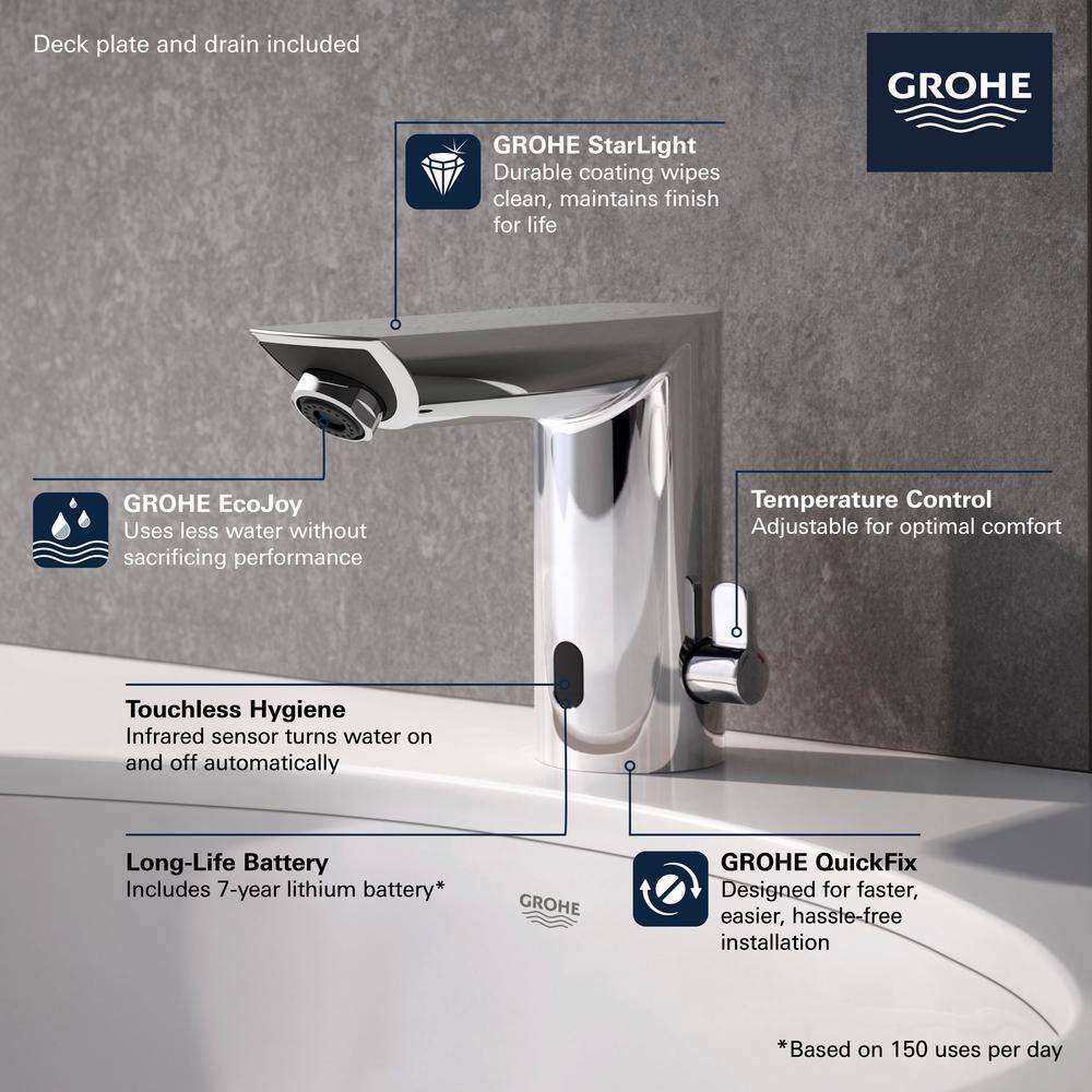 GROHE Bau Cosmopolitan Battery Powered Single Hole Touchless Bathroom Faucet with Temperature Control Lever StarLight Chrome 36466000