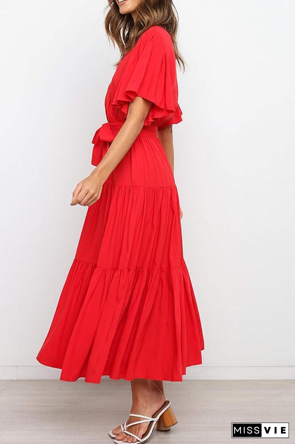 Ruffled Sleeve V-neck Tie Waist Maxi Dress P14492