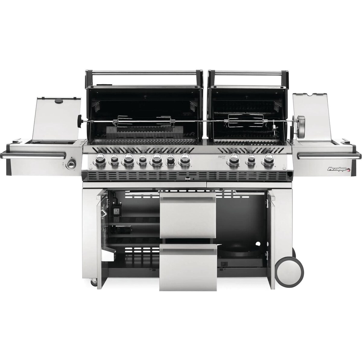 Napoleon Prestige PRO 825 Propane Gas Grill with Infrared Rear Burner， Double Infrared Sear Burner and Side Burner and Rotisserie Kit