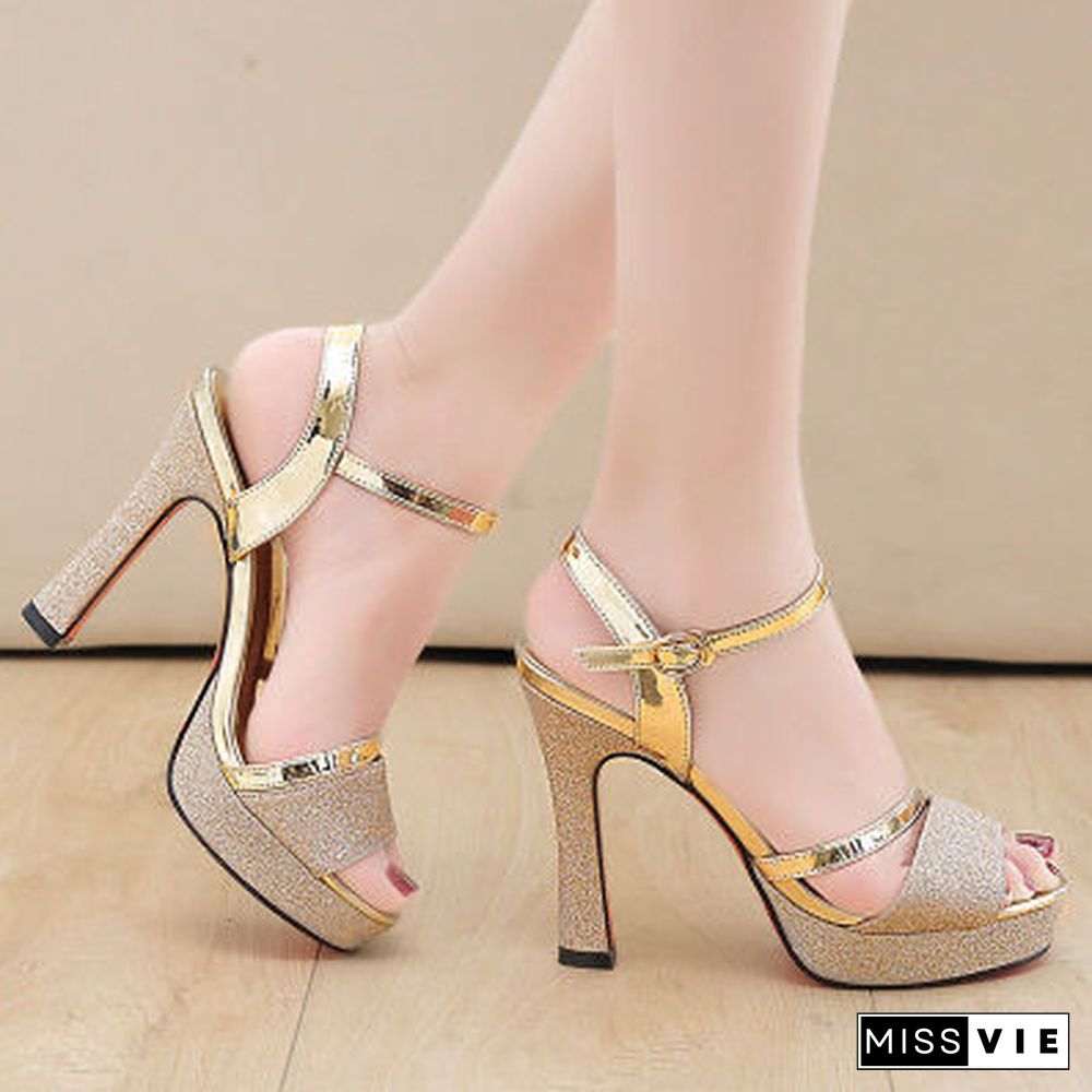 New Korean Version Waterproof Platform Word Buckle 11.5CM High Heels Summer New Fish Mouth Sexy Sandals Women's Shoes Gold