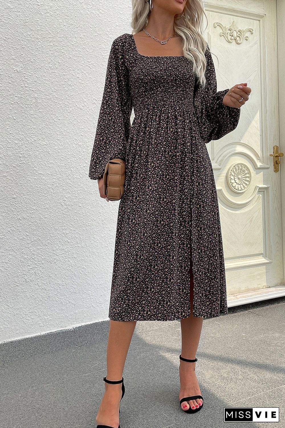 Female Dresses Sexy Backless Split Floral Print Dress Korean Clothing Autumn Square Neck Full Balloon Sleeve Midi Dress