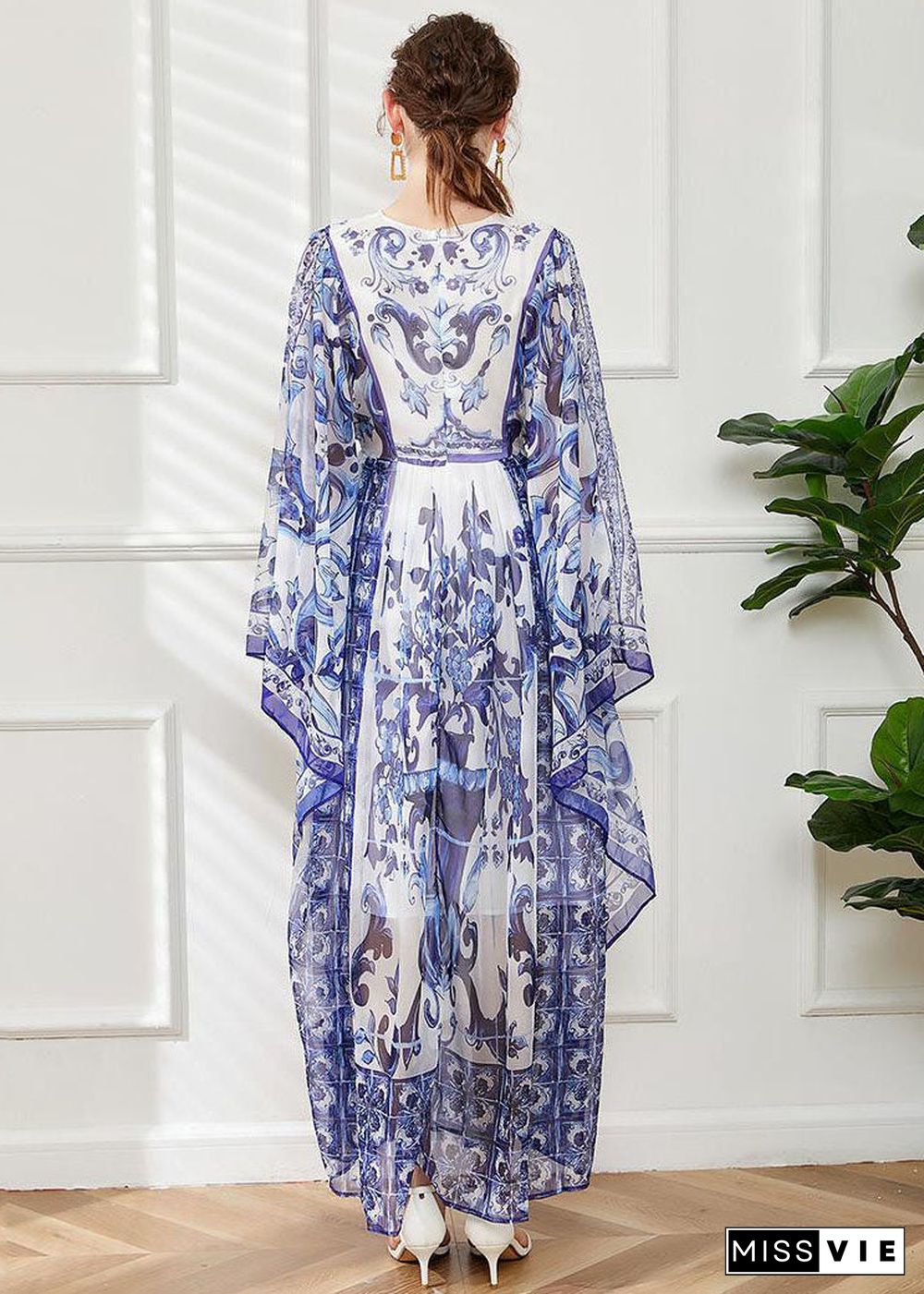 Bohemian Blue O-Neck Print Chiffon Maxi Dress Cloak Sleeves