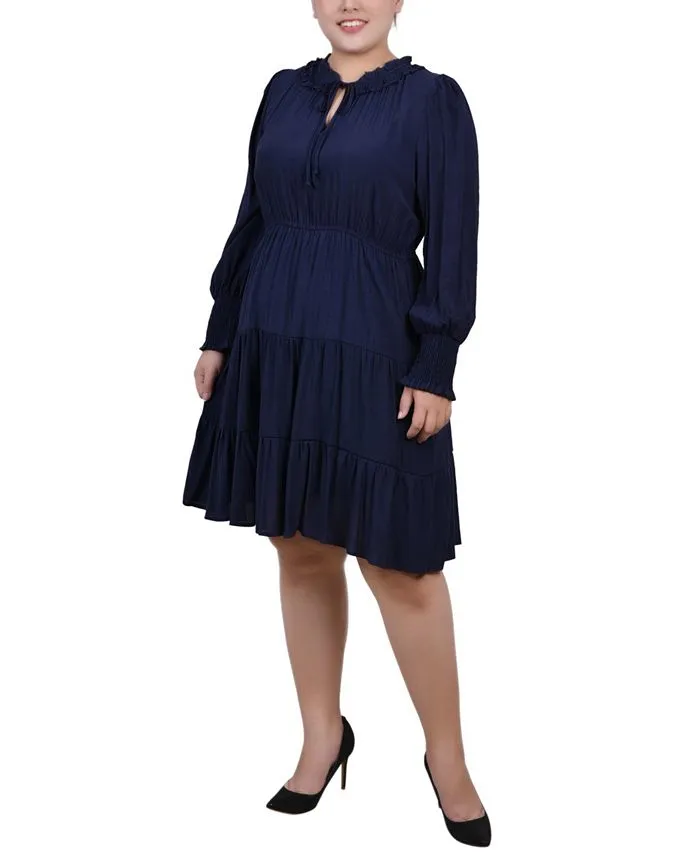 Plus Size Long Sleeve Tiered Dress with Ruffled Neck