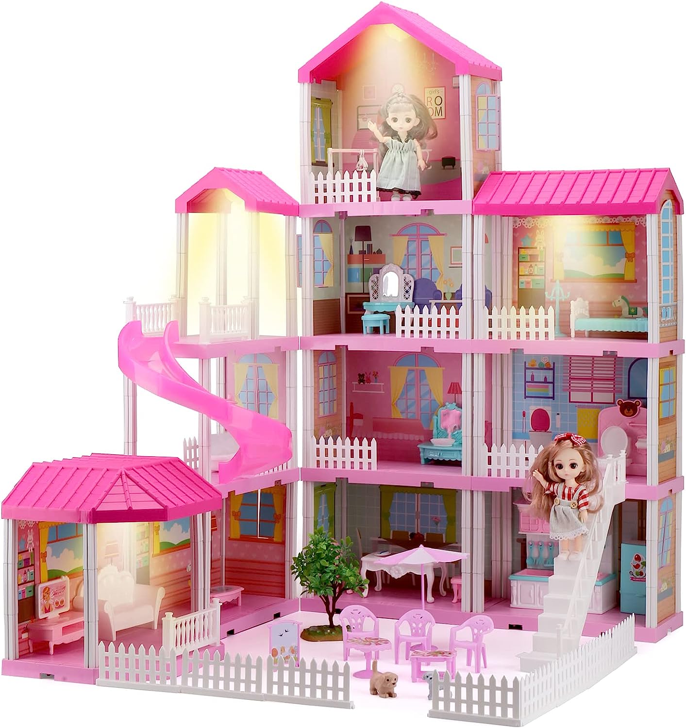 HCFJEH Dollhouse Play House for Girl， Doll House with Lights and Two Dolls and Furniture Accessories， Toddler DIY Princess House Playhouse Pretend Set Toy， Birthday Gift for 3 4 5 6 7 Year Old(11 Room)