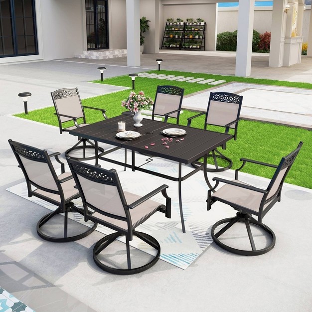 7pc Outdoor Dining Set With Swivel Sling Chairs amp Metal Rectangle Table With Umbrella Hole Black Captiva Designs