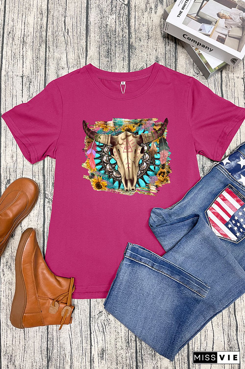 Western Boho Skull Pngturquoise And Leopard Short Sleeve Graphic Tee Wholesale