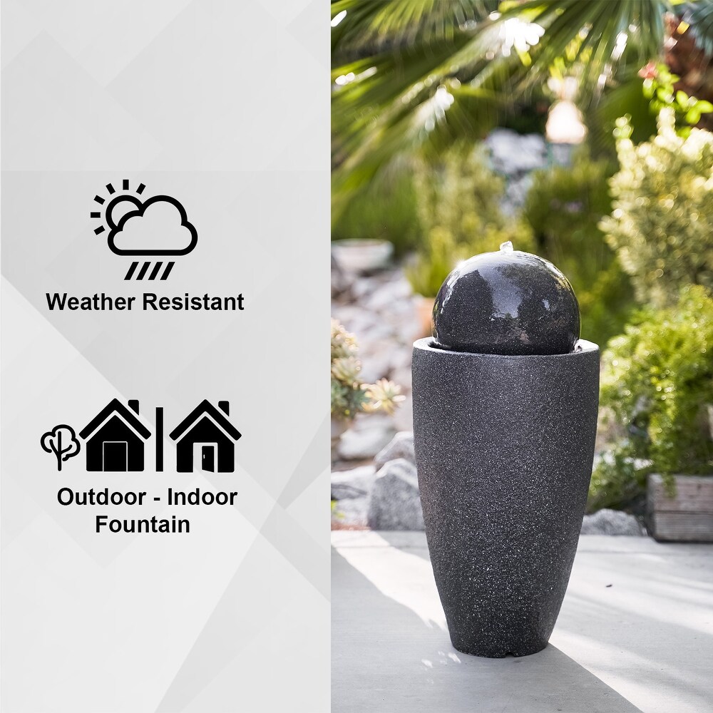 XBrand Modern Stone Textured Round Sphere Water Fountain  LED Lights  25.6 Inch Tall  Black