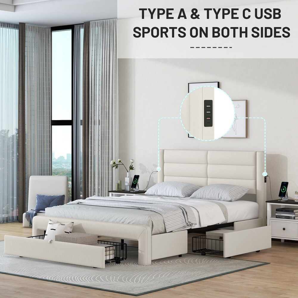 Queen Size Platform Bed Frame with Drawers Storage  Leather Upholstered Platform Bed Frame with Charging Station