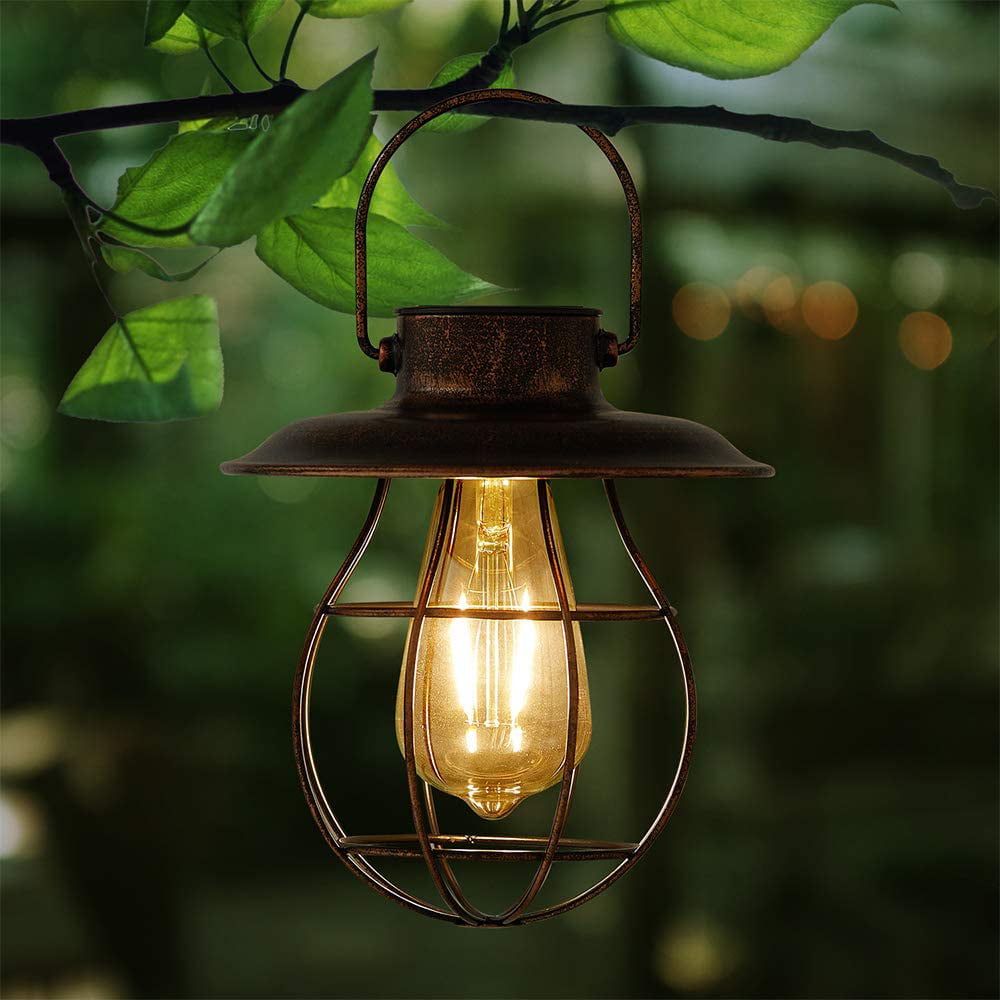 Solar Lantern Metal Hanging Solar Lights Retro Design with Warm Light Edison Bulb for Patio Garden