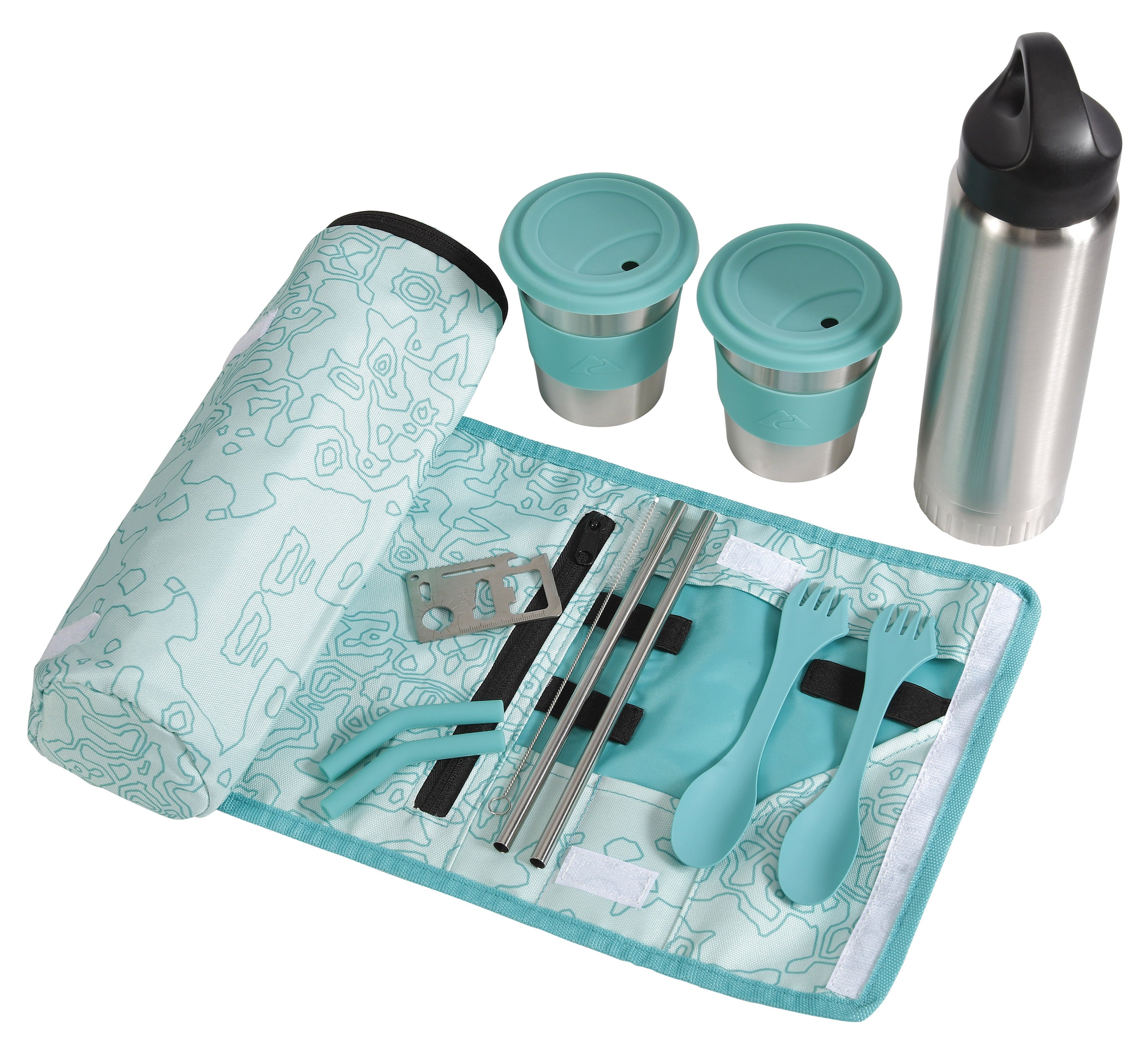 Ozark Trail 10 Piece Reusable Cutlery & Drinkware Combo Set, Aqua, 14 oz