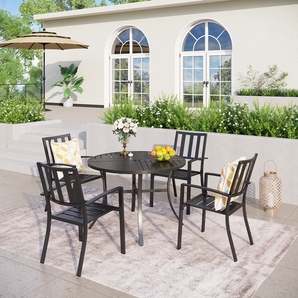 MAISON ARTS 5Piece Geometrically Stamped Round Table and Stackable Dining Chairs Outdoor Dining Set