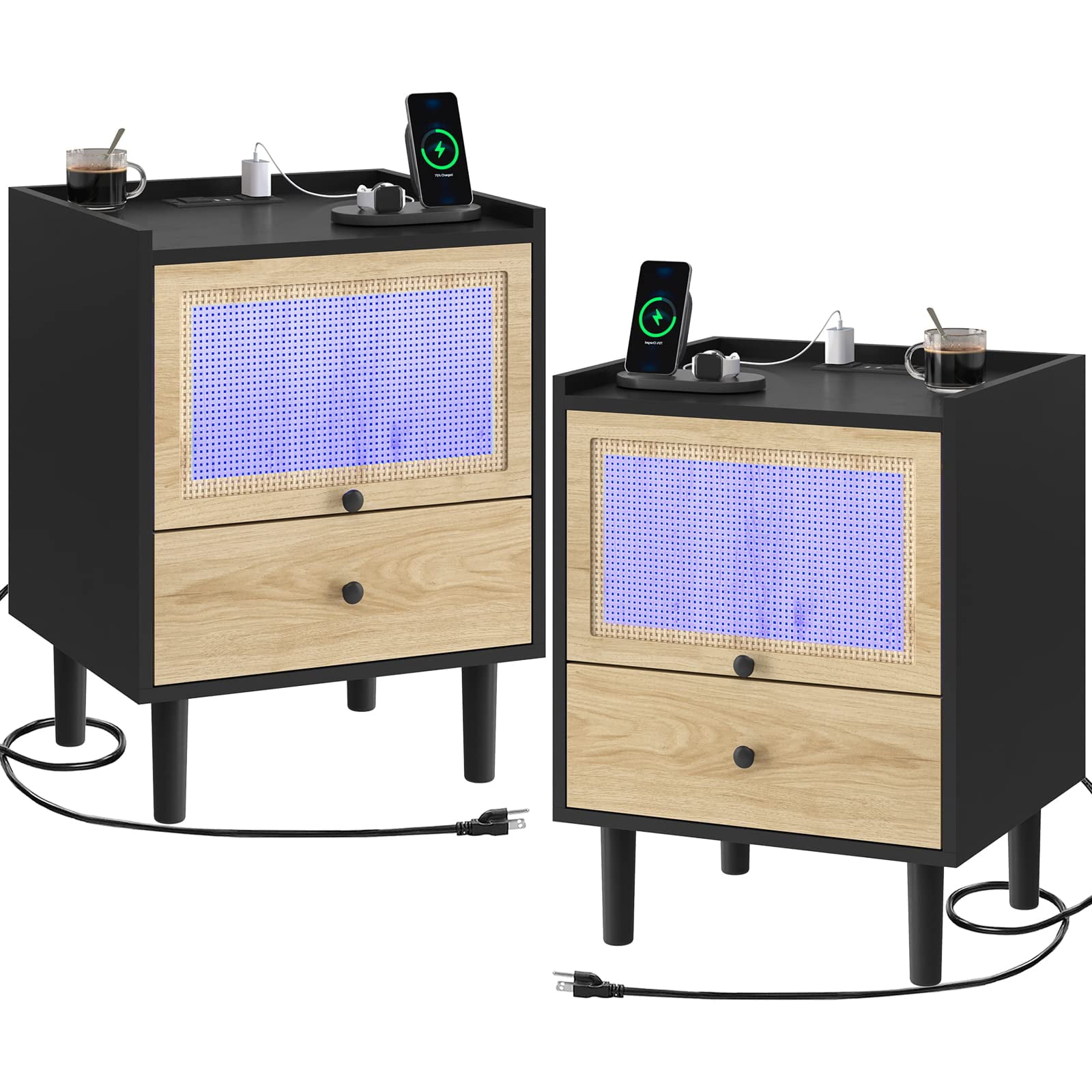 Set of 2 LED Nightstand with Charging Station, Bedside Table with Hand Made Rattan Decorated Cabinet, Black