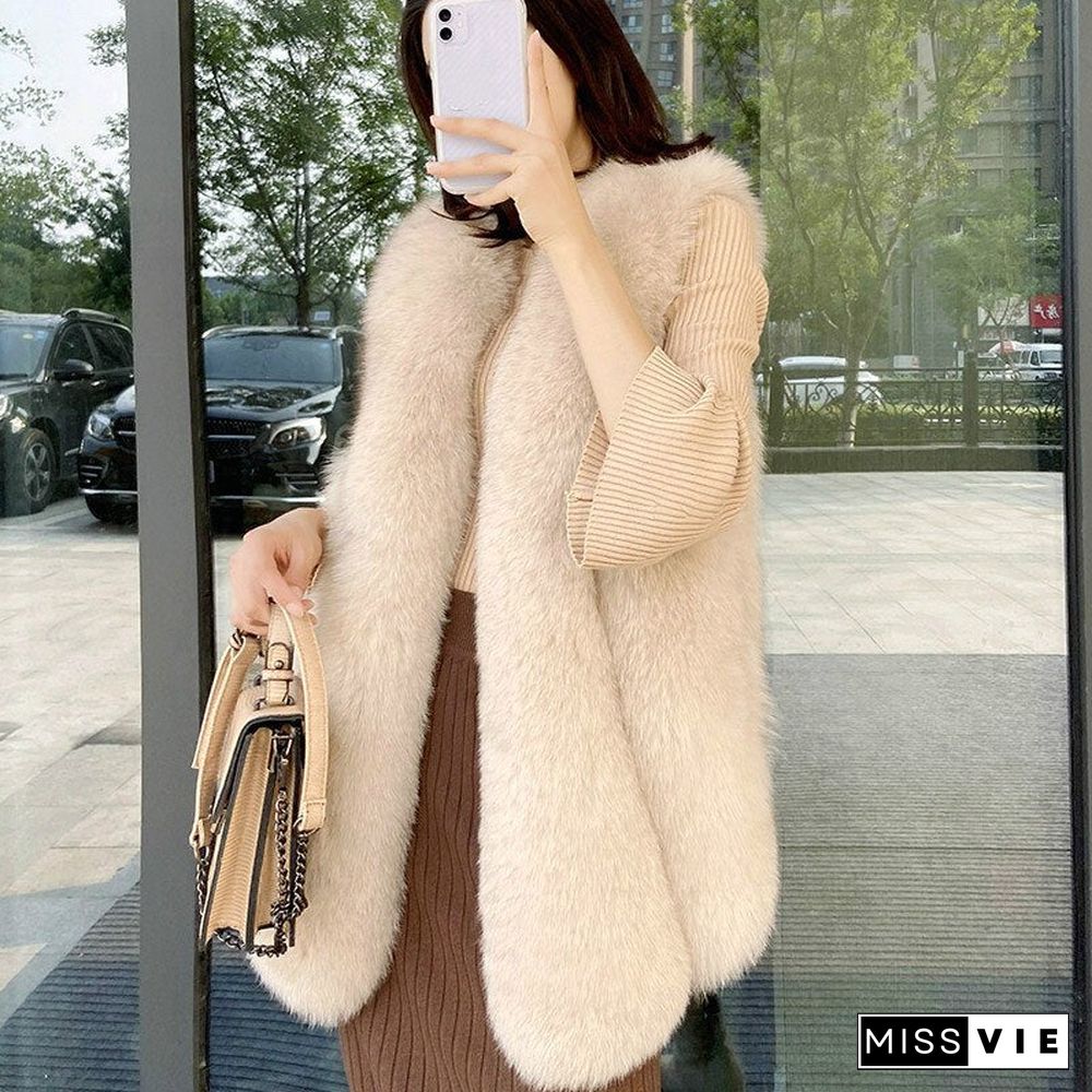 Fur Coat Artificial Fur Faux Fur Sleeveless Jacket Women Winter Warm Fur Vests Leather Female Oversize Fox Fur Overcoat