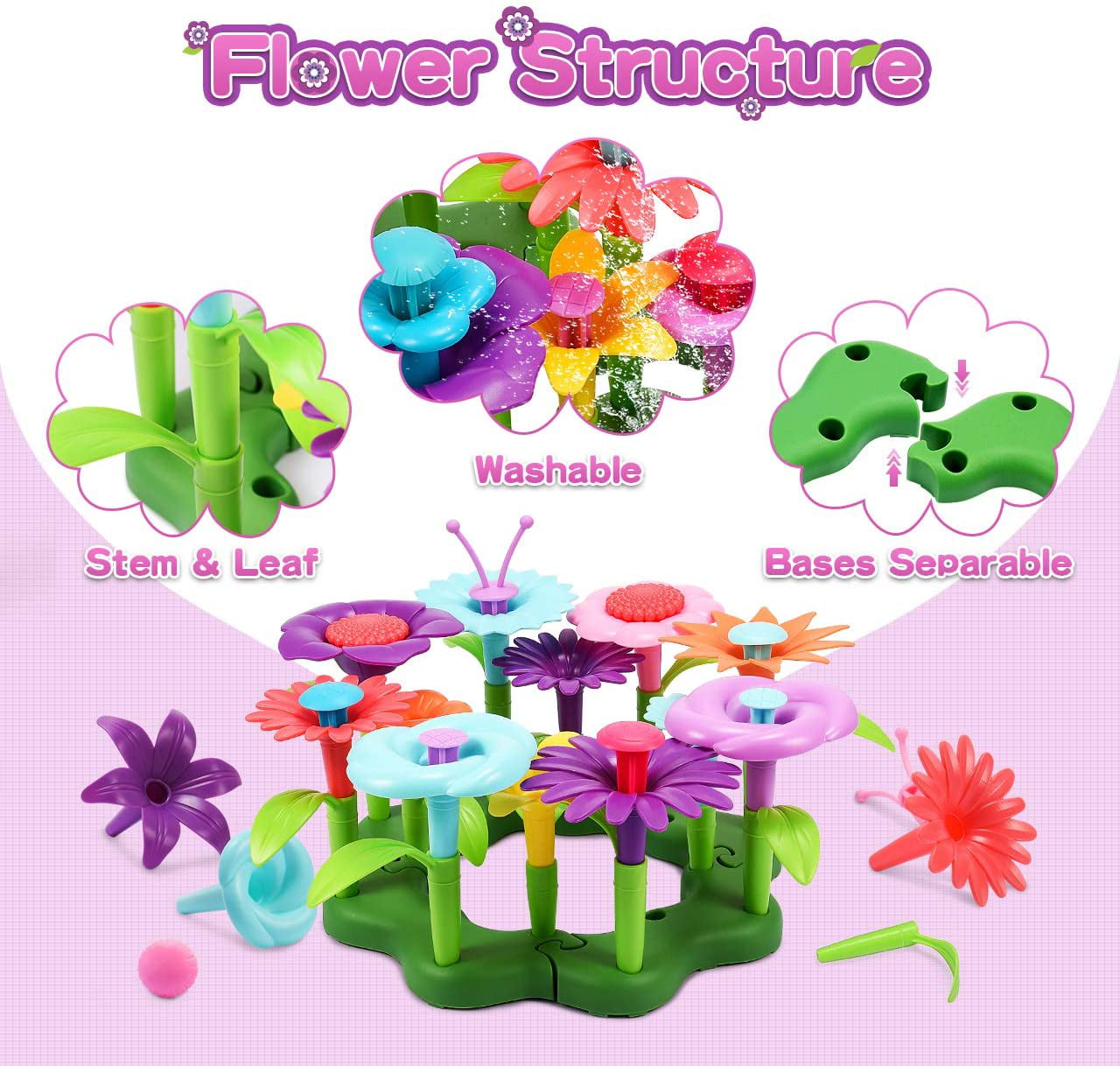 52 Pcs Flower Garden Building Toys for Girls 3 4 5 6 Year Old,Build a Bouquet Floral Arrangement Stem Toy Gardening Birthday Gifts,Stacking Game Pretend Playset for Toddler Kids and Children