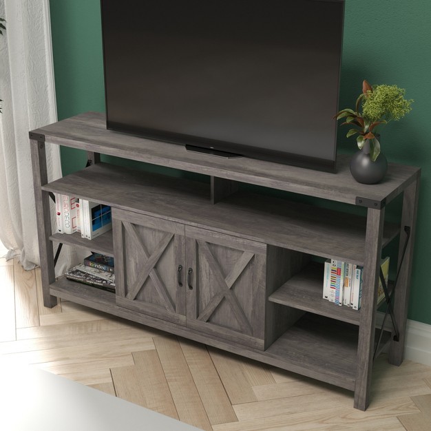 Emma And Oliver Modern Rustic Farmhouse Media Console Cabinet With Spacious Open And Closed Storage