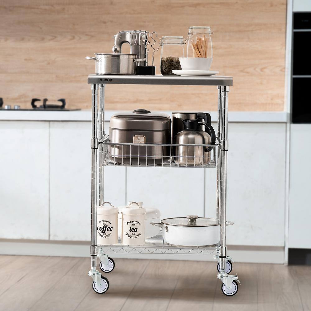 VEVOR 3-Tiers Kitchen Utility Cart 20 in. Wire Rolling Cart with Wheels Metal Storage Trolley with 6 Hooks Kitchen CartSilver LLCFTCCB20X24IGJ4V0