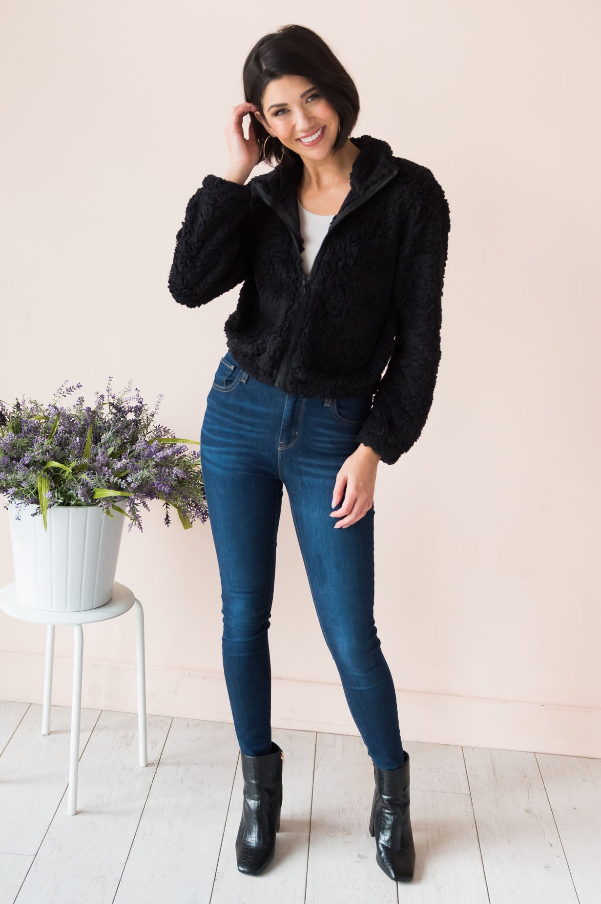 Let's Get Cozy Modest Fuzzy Zip Up Jacket