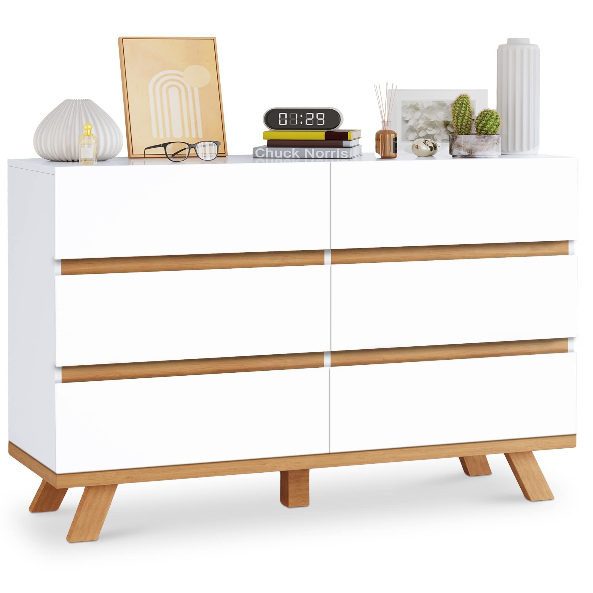 White Dresser， 6 Drawers Dresser with Wide Double Drawer， Chest of Drawers Large Storage Cabinet - as picture - - 37668555