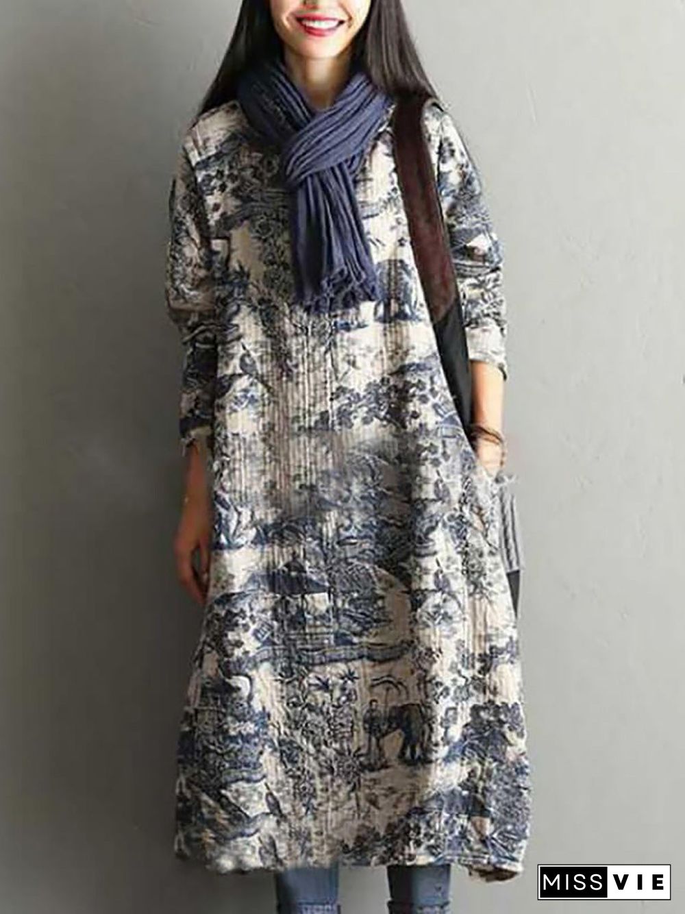 Women's Plus Size Floral Cotton Vintage Casual Loose Printing Maxi Dress