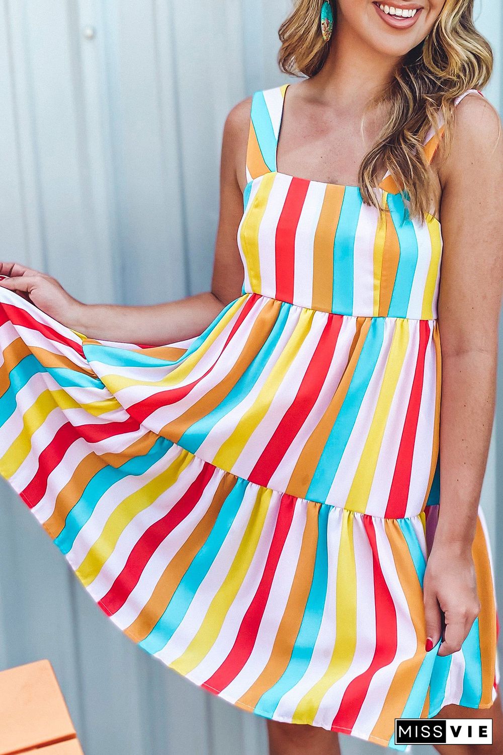 Multicolor Rainbow Stripe Print Tiered Sundress