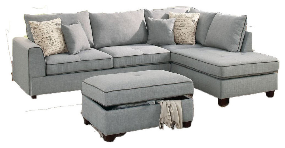 Pancevo 3 Piece Dorris Fabric Sectional Sofa Set With Storage Ottoman  Gray   Transitional   Sectional Sofas   by Hollywood Decor  Houzz